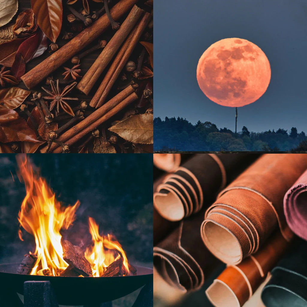 Collage of four images: spices, a pink moon, flames, and leather products.