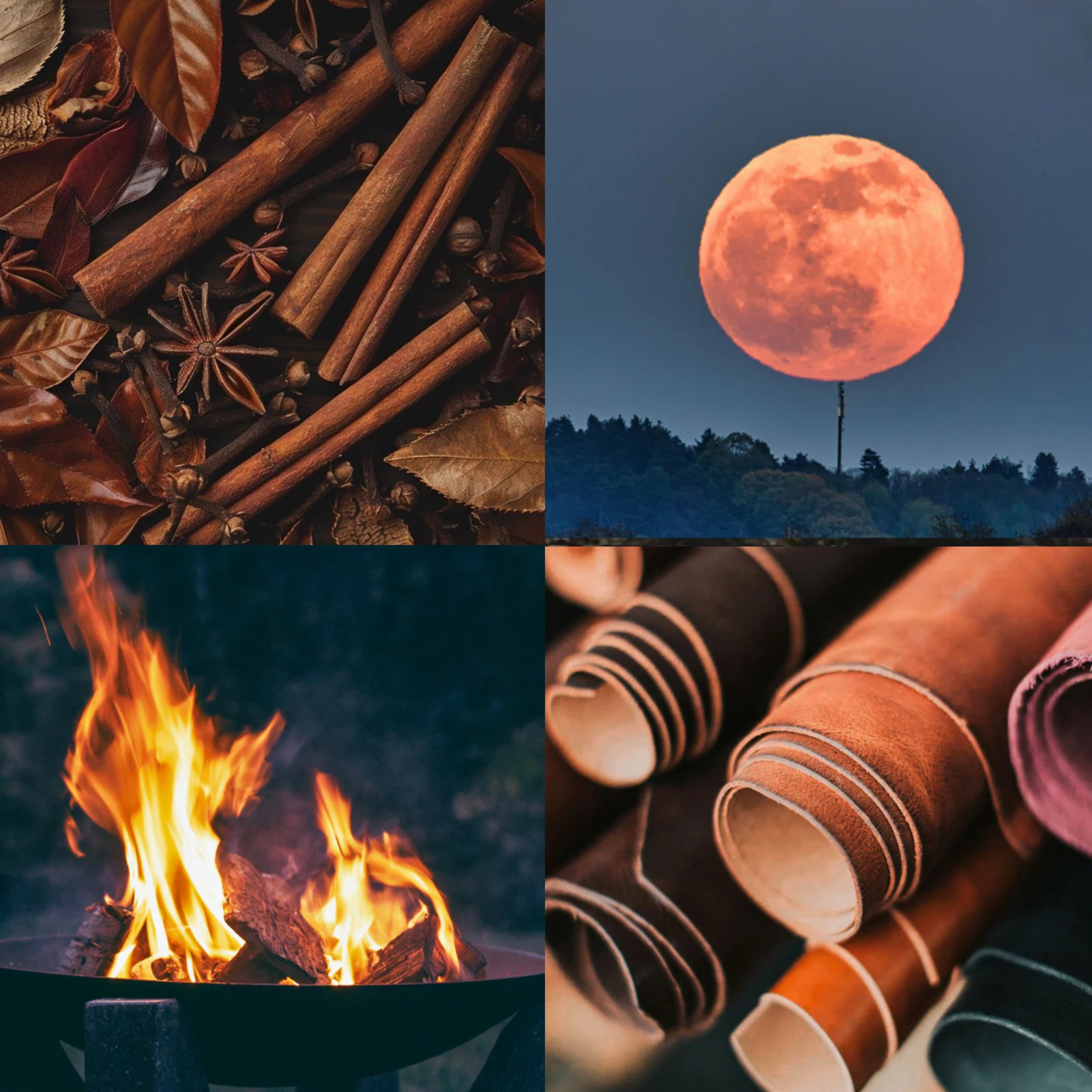 Collage of four images: spices, a pink moon, flames, and leather products.