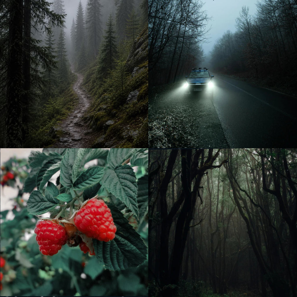 Collage of a forest path, car on a road, raspberries, and dark forest scene.