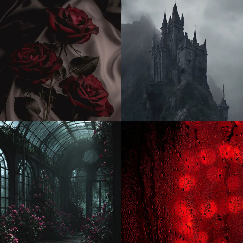 Collage of four dark-themed images: red roses, a castle, a gothic garden hallway, and red mist.